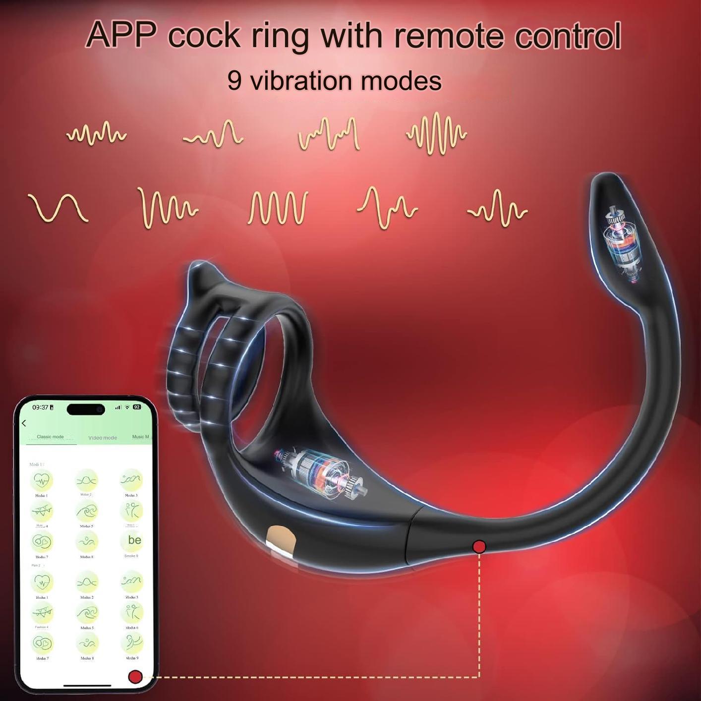 Vibrator inel dublu pentru penis cu aplicatie telefon,10 moduri de vibratie, impermeabil