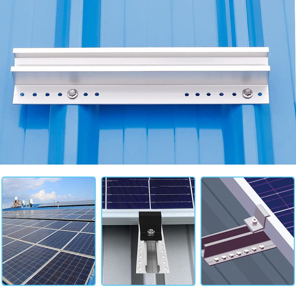 Kit montare panou solar, pentru fixare 2 panouri fotovoltaice, cu 4 buc sina 300 mm din aluminiu AL6005-T5, 4 buc clema capat cu surub, 8 garnituri, montaj pe acoperis din tabla