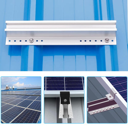 Kit montare panou solar, pentru fixare 2 panouri fotovoltaice, cu 4 buc sina 300 mm din aluminiu AL6005-T5, 4 buc clema capat cu surub, 8 garnituri, montaj pe acoperis din tabla