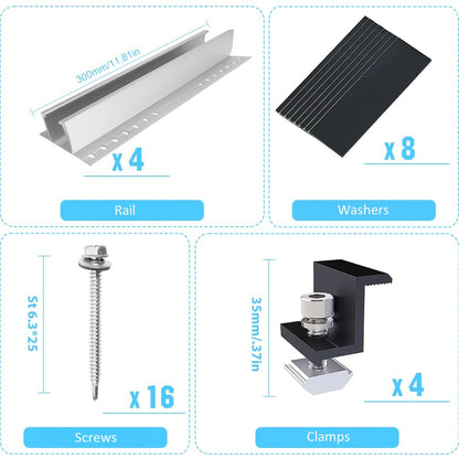 Kit montare panou solar, pentru fixare 2 panouri fotovoltaice, cu 4 buc sina 300 mm din aluminiu AL6005-T5, 4 buc clema capat cu surub, 8 garnituri, montaj pe acoperis din tabla