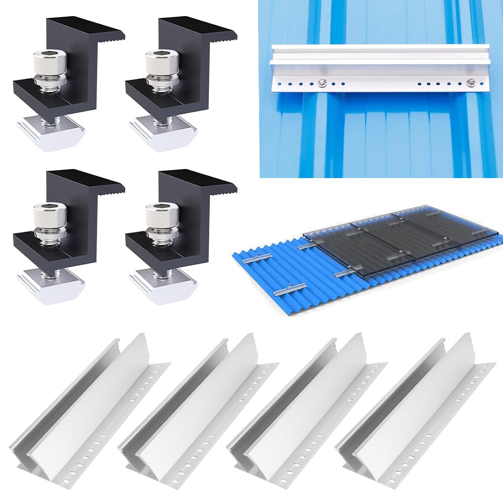 Kit montare panou solar, pentru fixare 2 panouri fotovoltaice, cu 4 buc sina 300 mm din aluminiu AL6005-T5, 4 buc clema capat cu surub, 8 garnituri, montaj pe acoperis din tabla