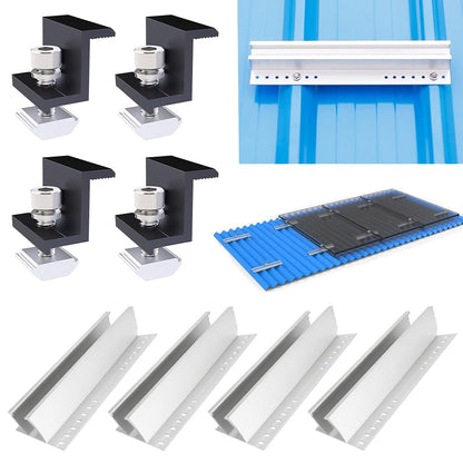 Kit montare panou solar, pentru fixare 2 panouri fotovoltaice, cu 4 buc sina 300 mm din aluminiu AL6005-T5, 4 buc clema capat cu surub, 8 garnituri, montaj pe acoperis din tabla