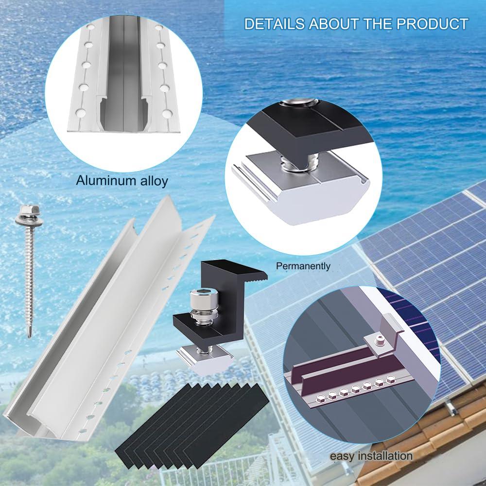 Kit montare panou solar, pentru fixare 2 panouri fotovoltaice, cu 4 buc sina 300 mm din aluminiu AL6005-T5, 4 buc clema capat cu surub, 8 garnituri, montaj pe acoperis din tabla
