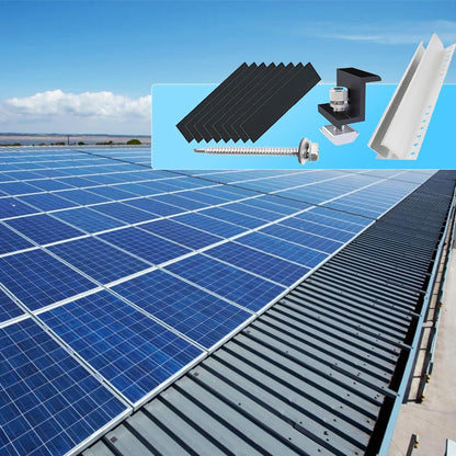 Kit montare panou solar, pentru fixare 2 panouri fotovoltaice, cu 4 buc sina 300 mm din aluminiu AL6005-T5, 4 buc clema capat cu surub, 8 garnituri, montaj pe acoperis din tabla