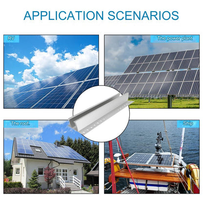 Kit montare panou solar, pentru fixare 2 panouri fotovoltaice, cu 4 buc sina 300 mm din aluminiu AL6005-T5, 4 buc clema capat cu surub, 8 garnituri, montaj pe acoperis din tabla