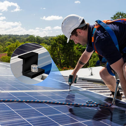 Kit montare panou solar, pentru fixare 2 panouri fotovoltaice, cu 4 buc sina 300 mm din aluminiu AL6005-T5, 4 buc clema capat cu surub, 8 garnituri, montaj pe acoperis din tabla