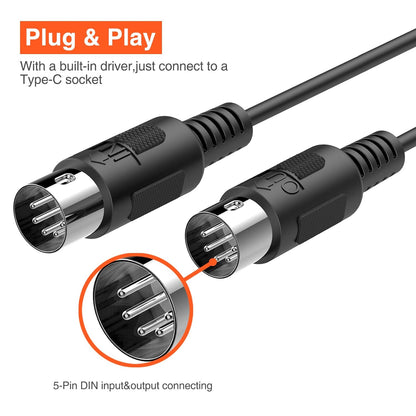 Cablu adaptor USB-C la MIDI IN-OUT, cu indicator LED,  compatibil cu tastatura muzicala, orga, chitara, tobe, mixere, pentru PC / laptop/MAC, 2m
