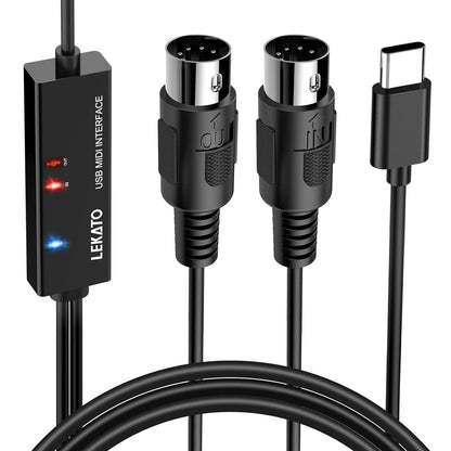 Cablu adaptor USB-C la MIDI IN-OUT, cu indicator LED,  compatibil cu tastatura muzicala, orga, chitara, tobe, mixere, pentru PC / laptop/MAC, 2m
