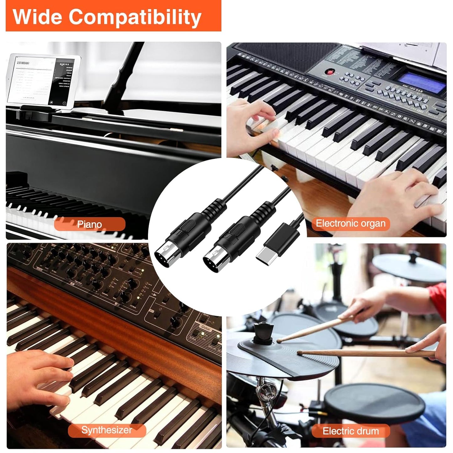 Cablu adaptor USB-C la MIDI IN-OUT, cu indicator LED,  compatibil cu tastatura muzicala, orga, chitara, tobe, mixere, pentru PC / laptop/MAC, 2m