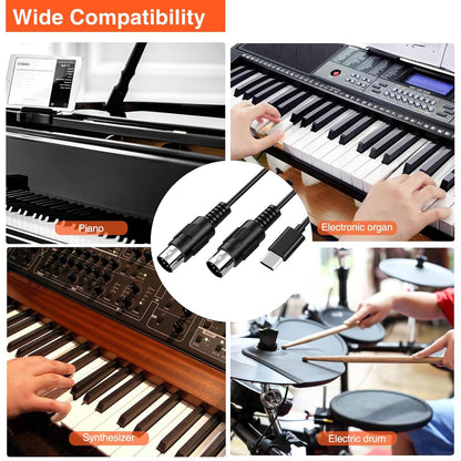 Cablu adaptor USB-C la MIDI IN-OUT, cu indicator LED,  compatibil cu tastatura muzicala, orga, chitara, tobe, mixere, pentru PC / laptop/MAC, 2m