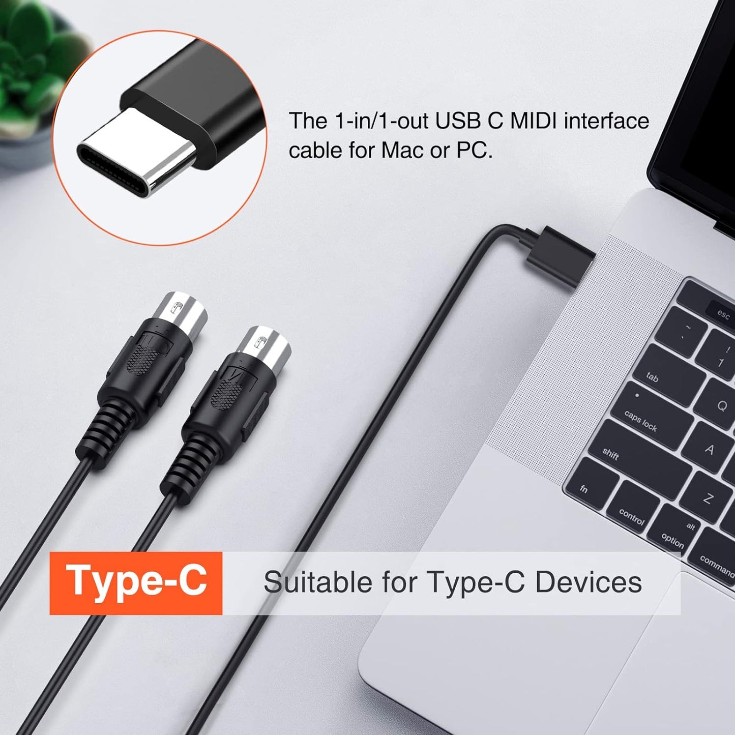 Cablu adaptor USB-C la MIDI IN-OUT, cu indicator LED,  compatibil cu tastatura muzicala, orga, chitara, tobe, mixere, pentru PC / laptop/MAC, 2m
