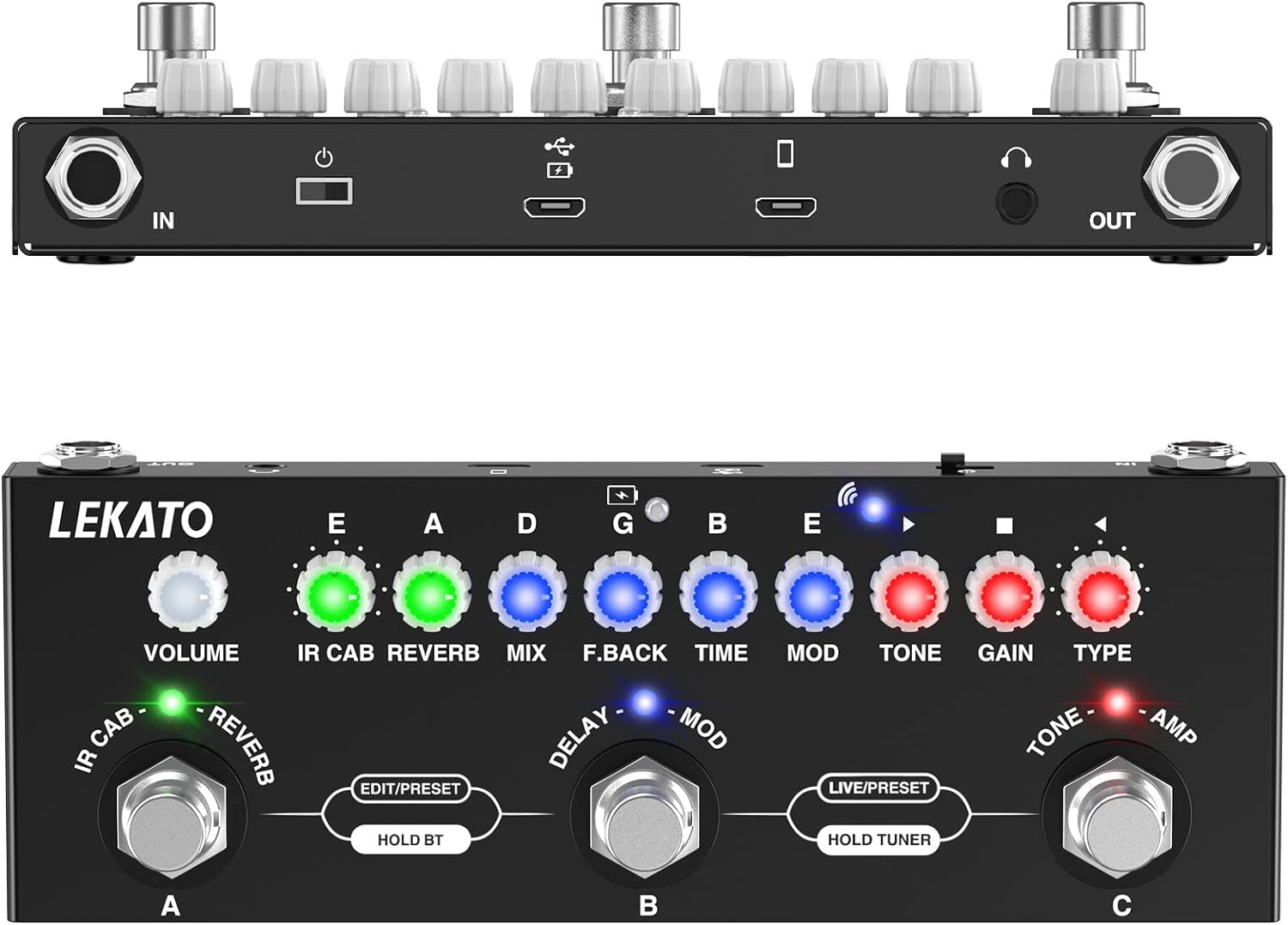 Dispozitiv multi-efect pentru chitara electrica, reincarcabil, cu inregistrare si Bluetooth 5.0, 9 modele de amplificator, Delay/Reverb/Phase/Chorus/Distortion/Overdrive, 2 moduri live si presetare, functie pedala,  negru