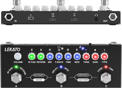 Dispozitiv multi-efect pentru chitara electrica, reincarcabil, cu inregistrare si Bluetooth 5.0, 9 modele de amplificator, Delay/Reverb/Phase/Chorus/Distortion/Overdrive, 2 moduri live si presetare, functie pedala,  negru