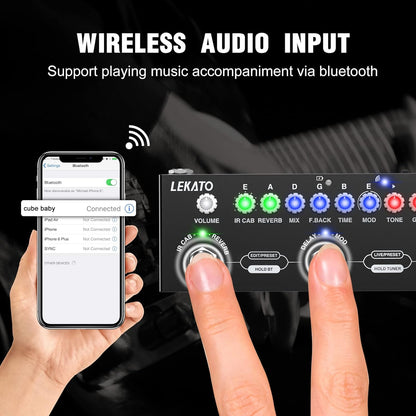 Dispozitiv multi-efect pentru chitara electrica, reincarcabil, cu inregistrare si Bluetooth 5.0, 9 modele de amplificator, Delay/Reverb/Phase/Chorus/Distortion/Overdrive, 2 moduri live si presetare, functie pedala,  negru