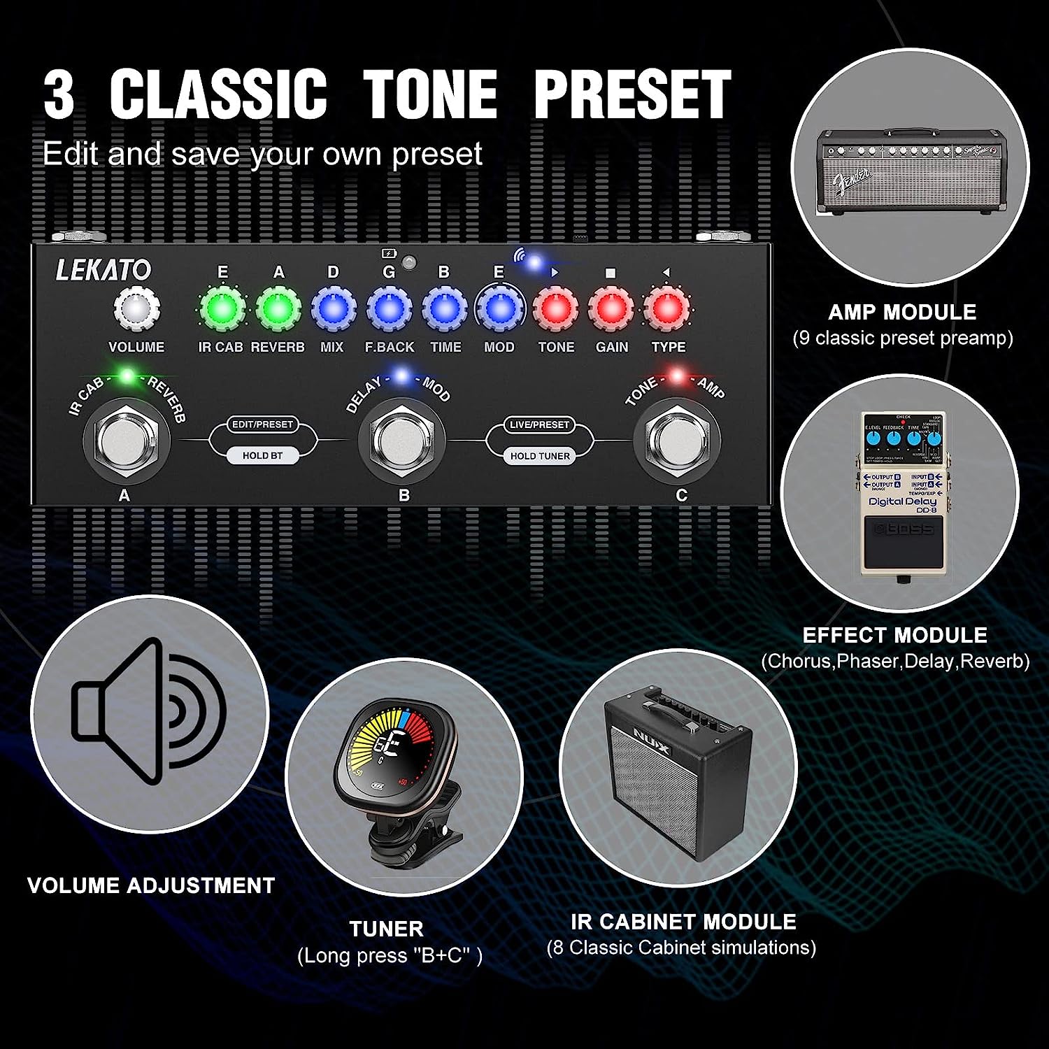 Dispozitiv multi-efect pentru chitara electrica, reincarcabil, cu inregistrare si Bluetooth 5.0, 9 modele de amplificator, Delay/Reverb/Phase/Chorus/Distortion/Overdrive, 2 moduri live si presetare, functie pedala,  negru