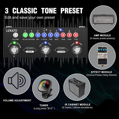 Dispozitiv multi-efect pentru chitara electrica, reincarcabil, cu inregistrare si Bluetooth 5.0, 9 modele de amplificator, Delay/Reverb/Phase/Chorus/Distortion/Overdrive, 2 moduri live si presetare, functie pedala,  negru