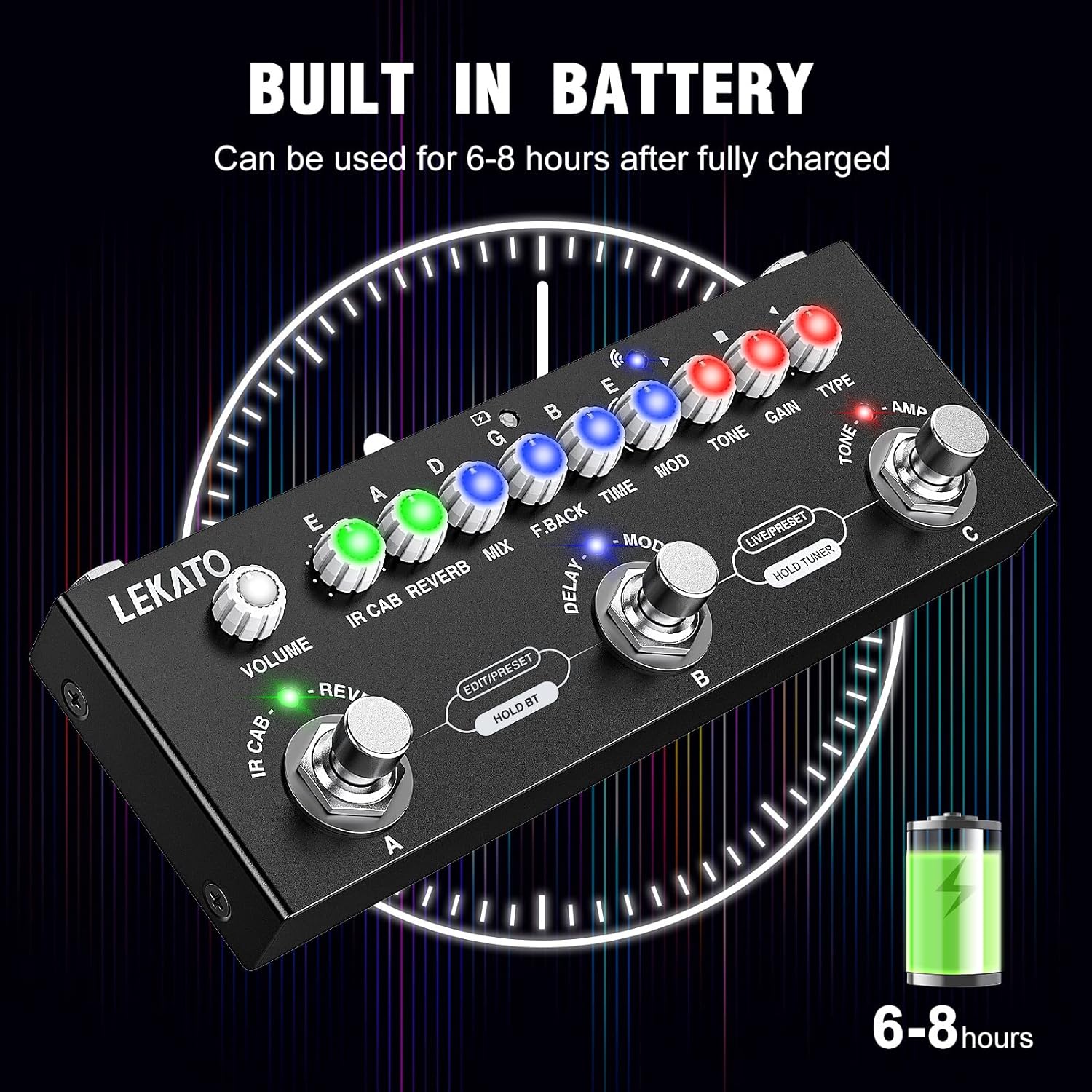 Dispozitiv multi-efect pentru chitara electrica, reincarcabil, cu inregistrare si Bluetooth 5.0, 9 modele de amplificator, Delay/Reverb/Phase/Chorus/Distortion/Overdrive, 2 moduri live si presetare, functie pedala,  negru