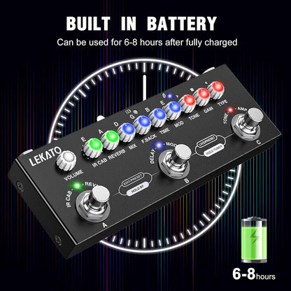Dispozitiv multi-efect pentru chitara electrica, reincarcabil, cu inregistrare si Bluetooth 5.0, 9 modele de amplificator, Delay/Reverb/Phase/Chorus/Distortion/Overdrive, 2 moduri live si presetare, functie pedala,  negru