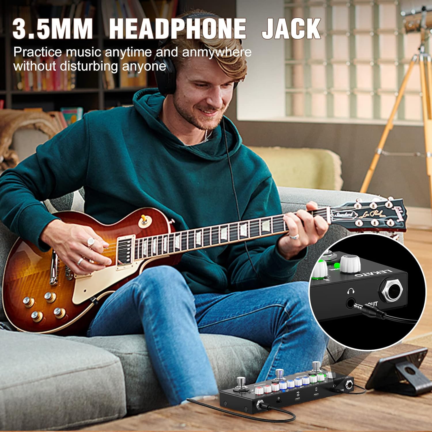 Dispozitiv multi-efect pentru chitara electrica, reincarcabil, cu inregistrare si Bluetooth 5.0, 9 modele de amplificator, Delay/Reverb/Phase/Chorus/Distortion/Overdrive, 2 moduri live si presetare, functie pedala,  negru