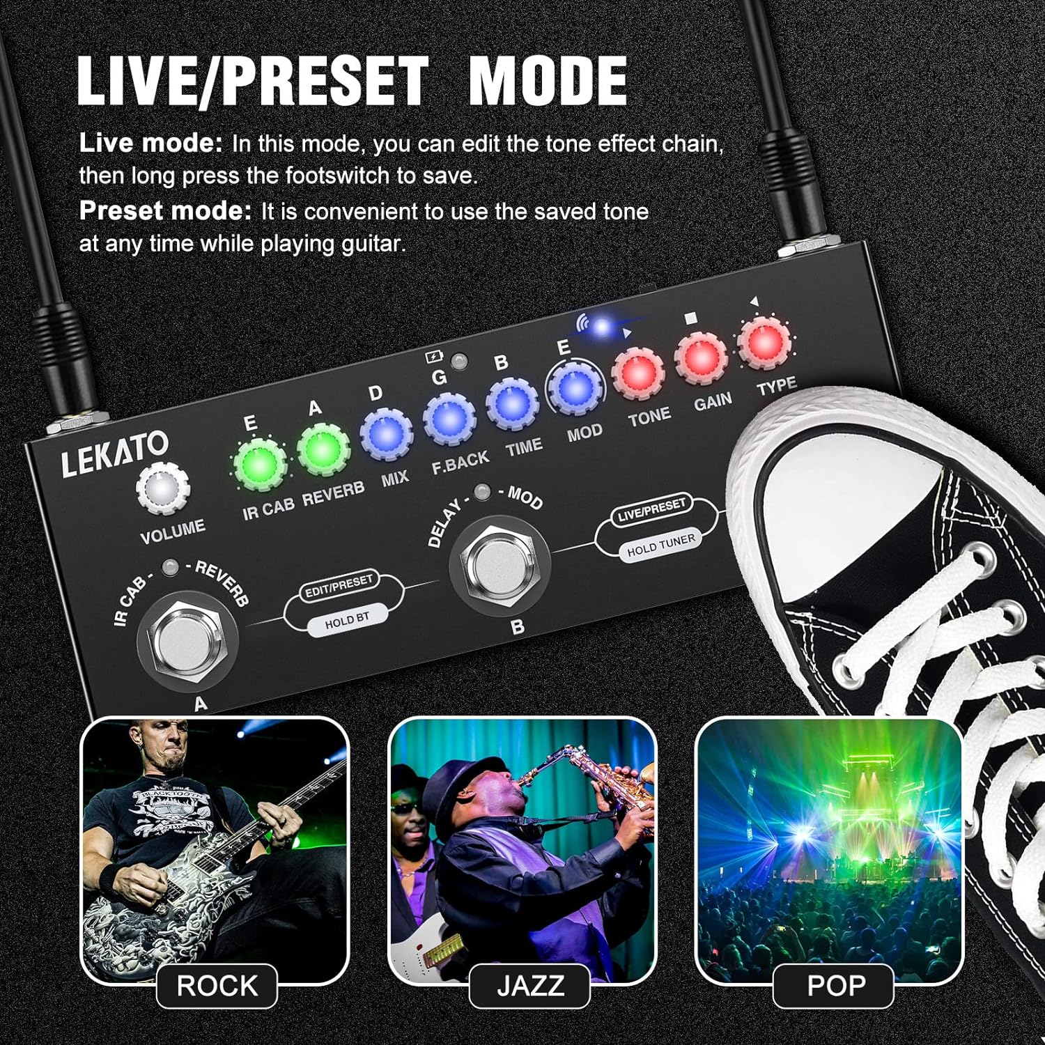 Dispozitiv multi-efect pentru chitara electrica, reincarcabil, cu inregistrare si Bluetooth 5.0, 9 modele de amplificator, Delay/Reverb/Phase/Chorus/Distortion/Overdrive, 2 moduri live si presetare, functie pedala,  negru