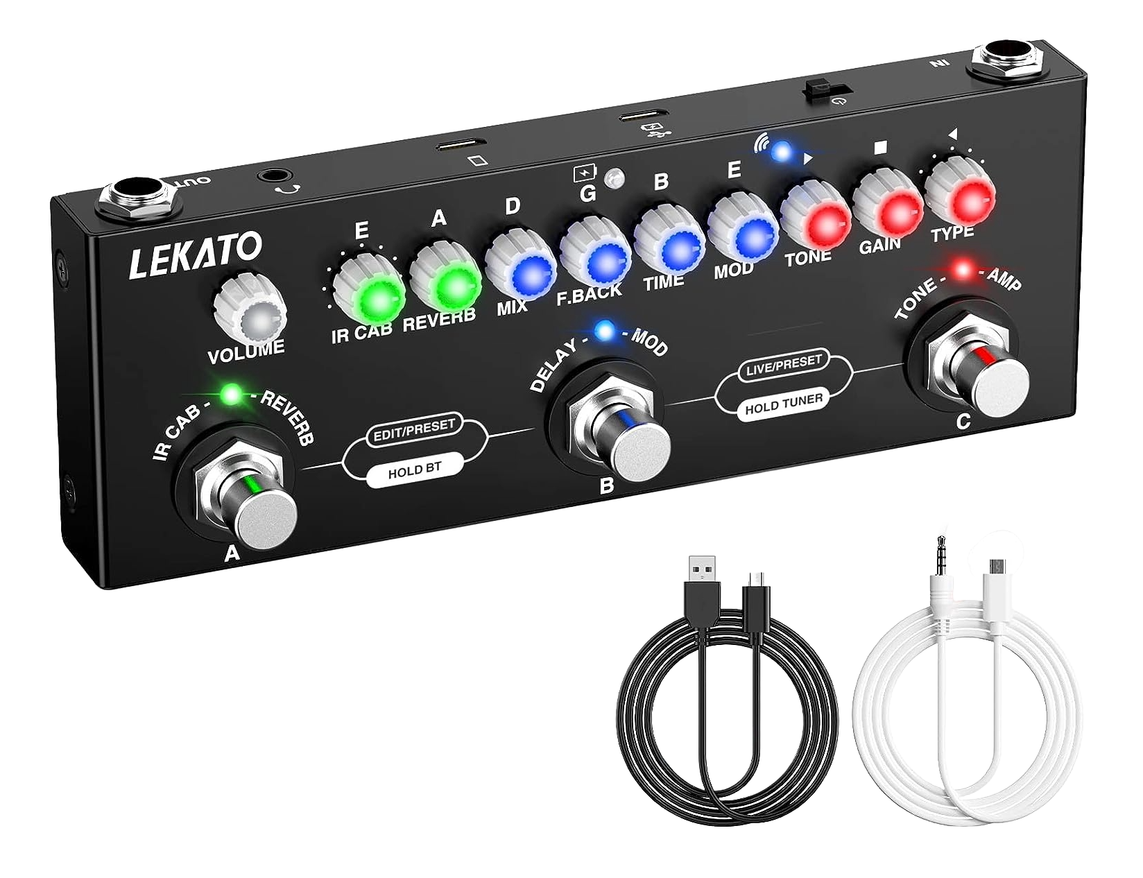 Dispozitiv multi-efect pentru chitara electrica, reincarcabil, cu inregistrare si Bluetooth 5.0, 9 modele de amplificator, Delay/Reverb/Phase/Chorus/Distortion/Overdrive, 2 moduri live si presetare, functie pedala,  negru