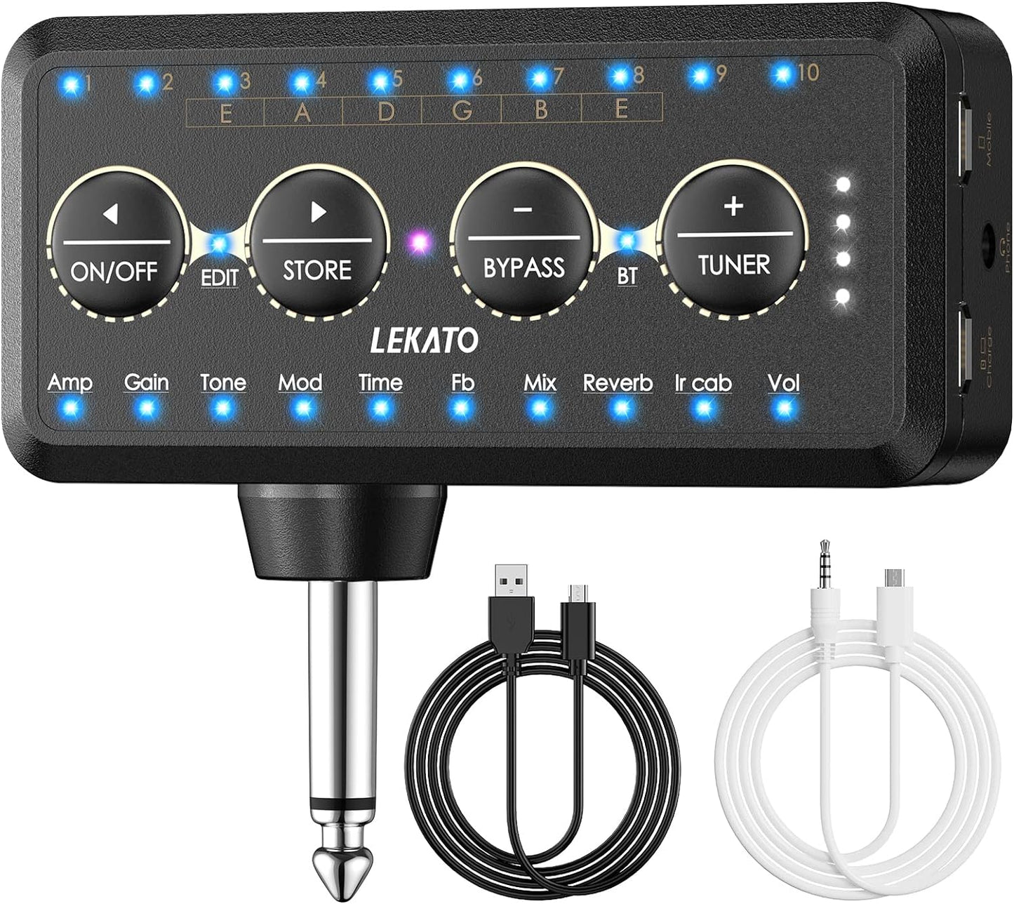 Mini amplificator de chitara pentru casti, reincarcabil, cu Bluetooth, mod inregistrare, 10 presetari si 10 canale IR, Tuner, Delayed Reverberation, Chorus Phase, Overload Distortion, Composite Effect
