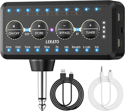 Mini amplificator de chitara pentru casti, reincarcabil, cu Bluetooth, mod inregistrare, 10 presetari si 10 canale IR, Tuner, Delayed Reverberation, Chorus Phase, Overload Distortion, Composite Effect