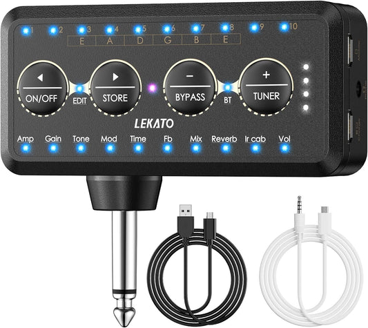 Mini amplificator de chitara pentru casti, reincarcabil, cu Bluetooth, mod inregistrare, 10 presetari si 10 canale IR, Tuner, Delayed Reverberation, Chorus Phase, Overload Distortion, Composite Effect