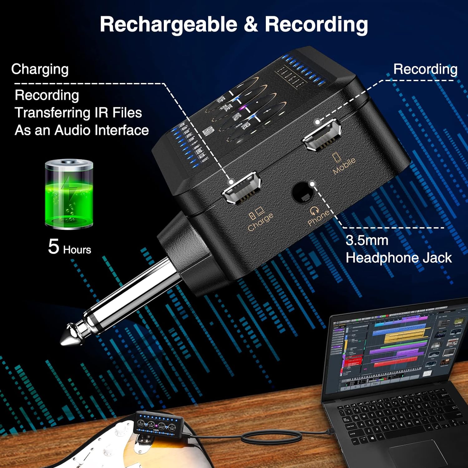 Mini amplificator de chitara pentru casti, reincarcabil, cu Bluetooth, mod inregistrare, 10 presetari si 10 canale IR, Tuner, Delayed Reverberation, Chorus Phase, Overload Distortion, Composite Effect