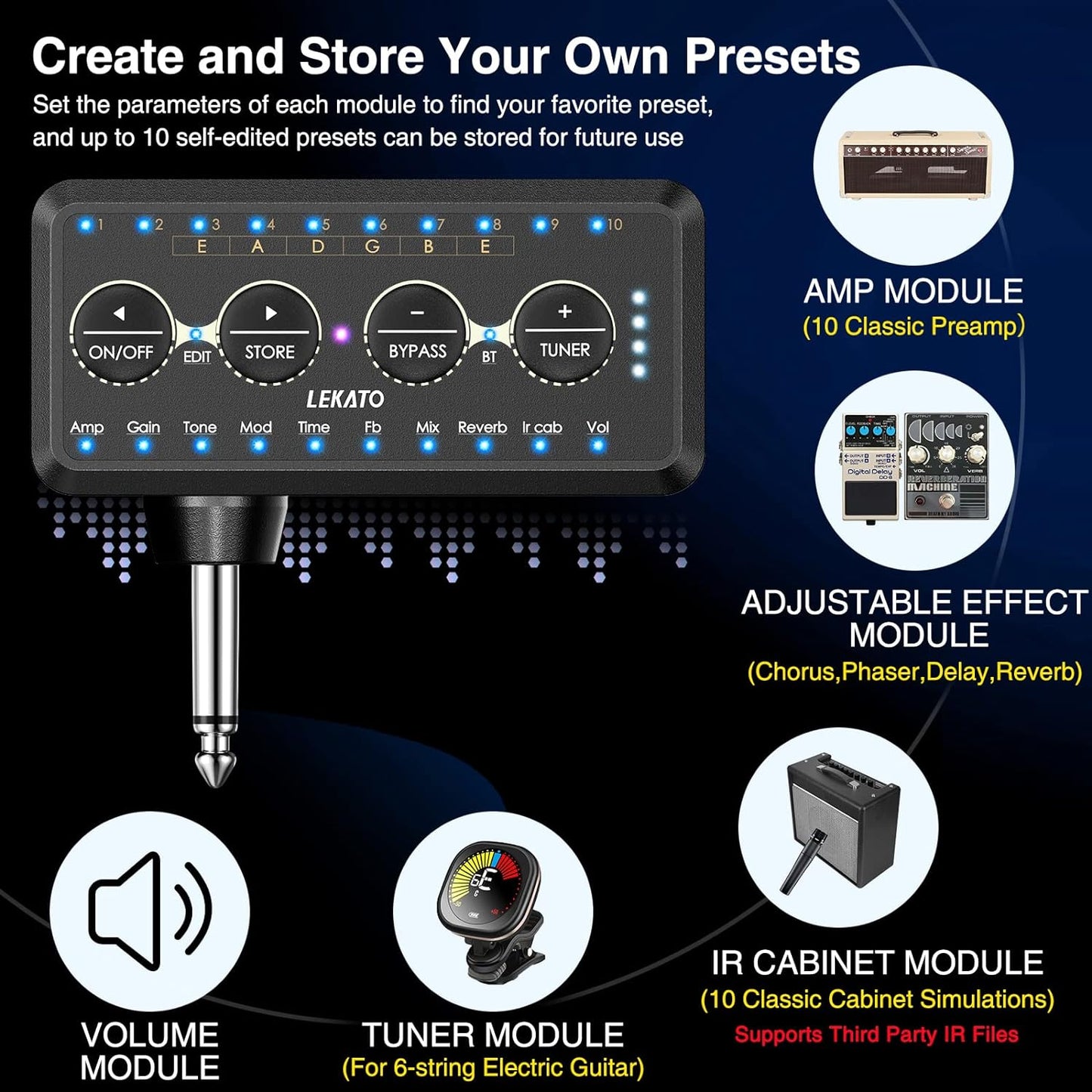 Mini amplificator de chitara pentru casti, reincarcabil, cu Bluetooth, mod inregistrare, 10 presetari si 10 canale IR, Tuner, Delayed Reverberation, Chorus Phase, Overload Distortion, Composite Effect