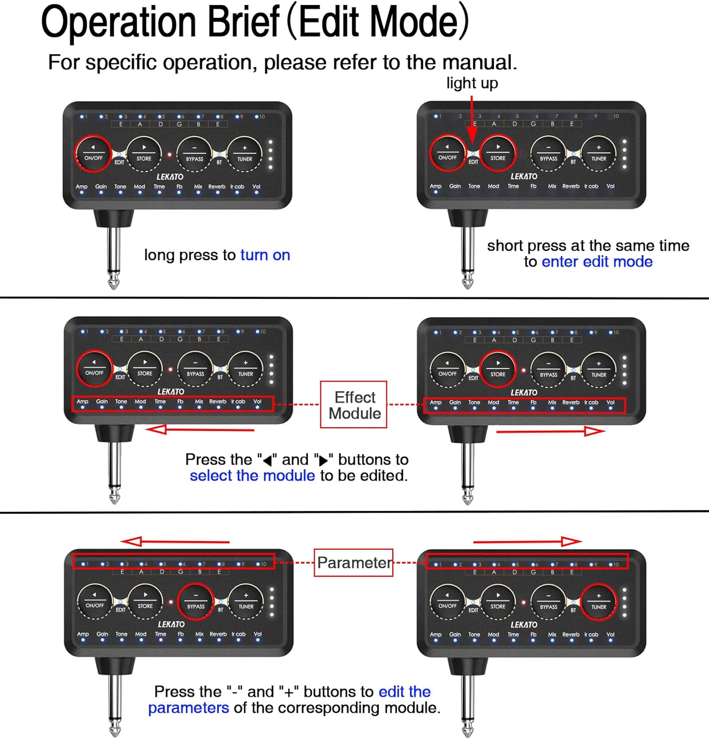 Mini amplificator de chitara pentru casti, reincarcabil, cu Bluetooth, mod inregistrare, 10 presetari si 10 canale IR, Tuner, Delayed Reverberation, Chorus Phase, Overload Distortion, Composite Effect