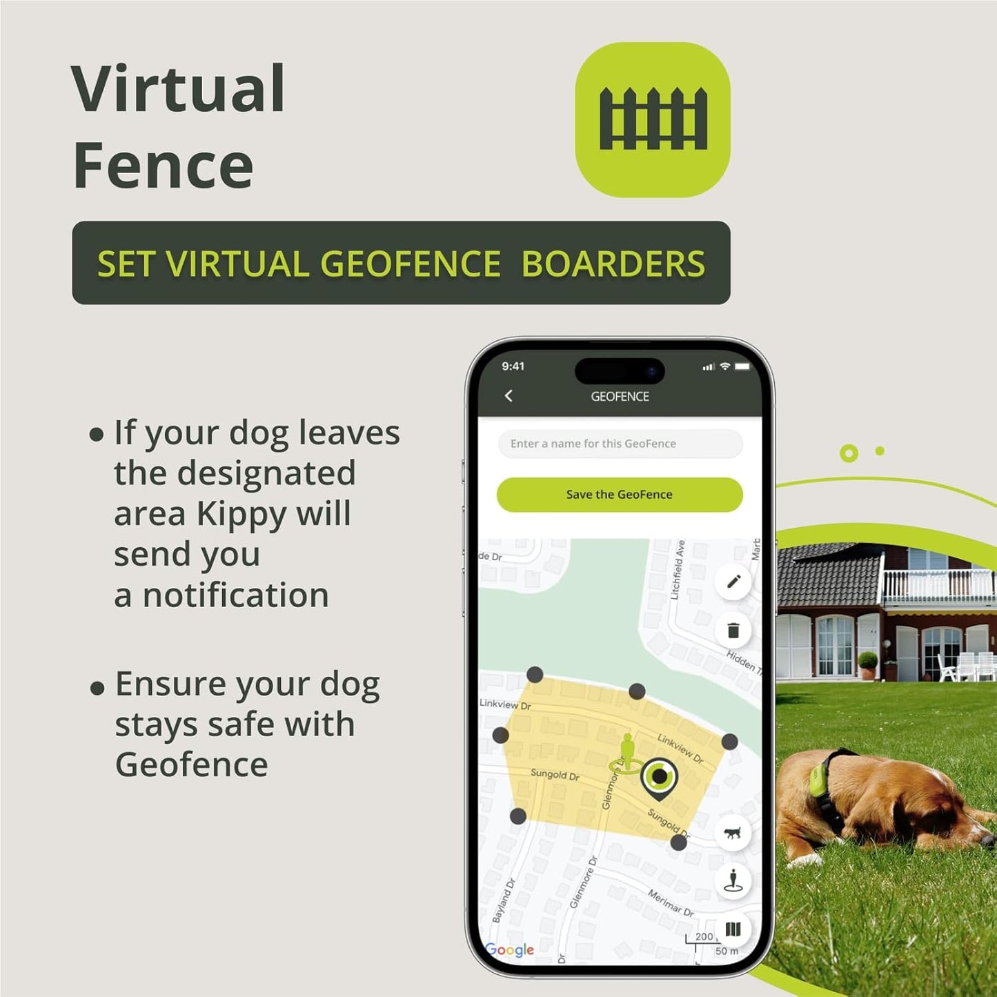 Tracker GPS pentru caini Kippy Dog, dispozitiv monitorizare activitate cu geofence, urmarire in timp real, notificari, impermeabil, verde