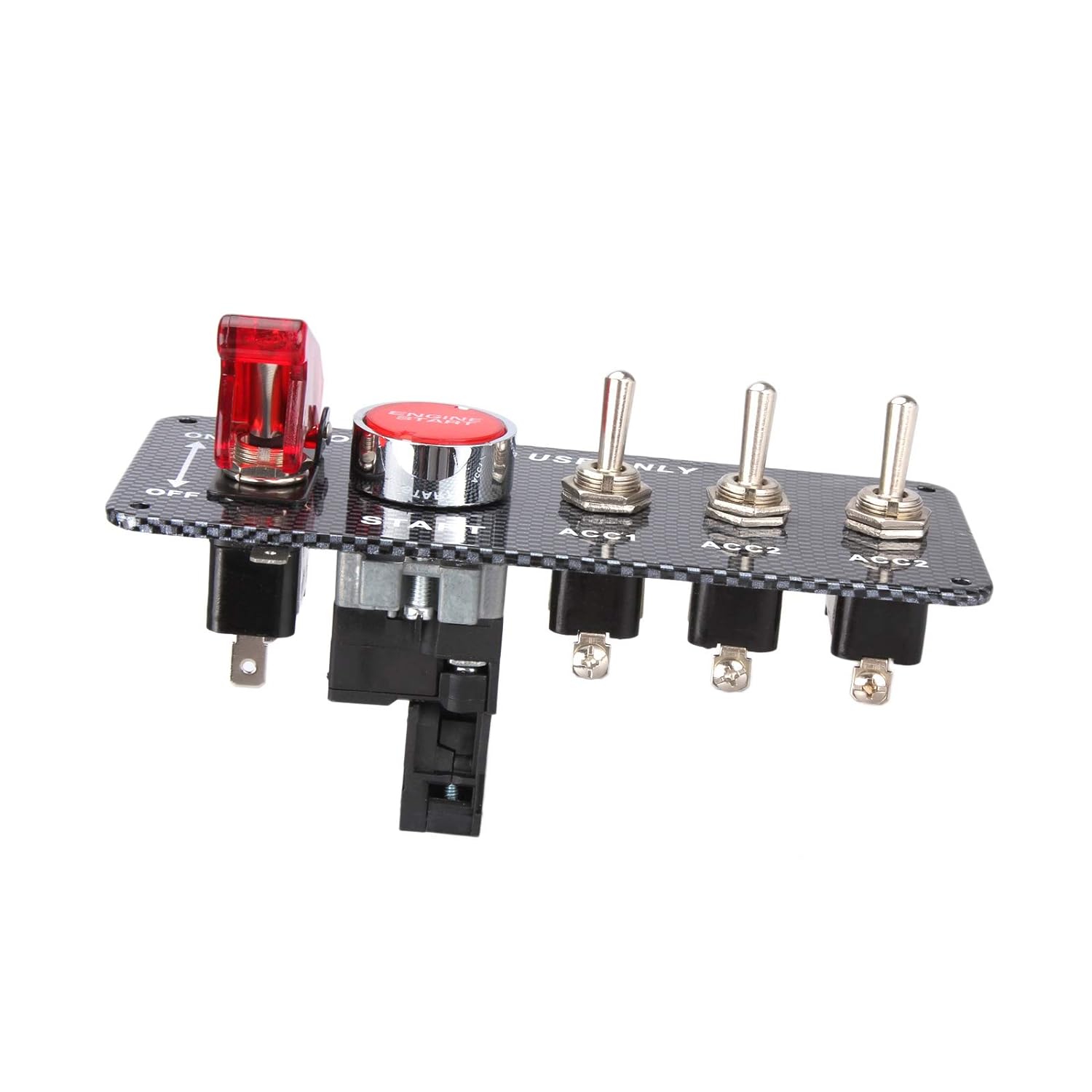 Panou comutator Tuning 12V, cu releu, cablaj, buton pentru pornire, intrerupator cu protectie si placa din fibra de carbon