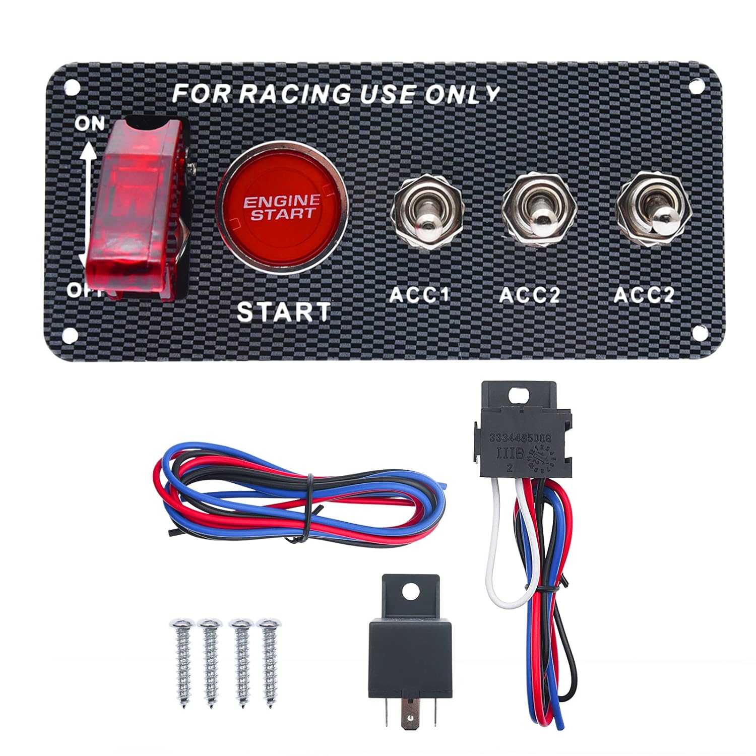 Panou comutator Tuning 12V, cu releu, cablaj, buton pentru pornire, intrerupator cu protectie si placa din fibra de carbon