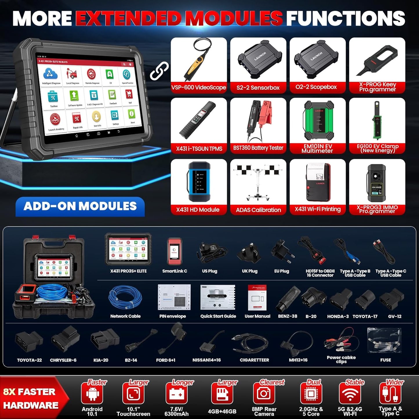Tester auto profesional OBD2 cu codare ECU, control bidirectional, diagnoza la nivel OE, resetare 60+ sisteme, J2534, CANFD, DOIP, FCA SGW, cu Bluetooth, WiFi, acumulator 12600 mAh, 4GB RAM, 64GB ROM si touchscreen 10.1 inch, LAUNCH X431 PRO3S+ Elite