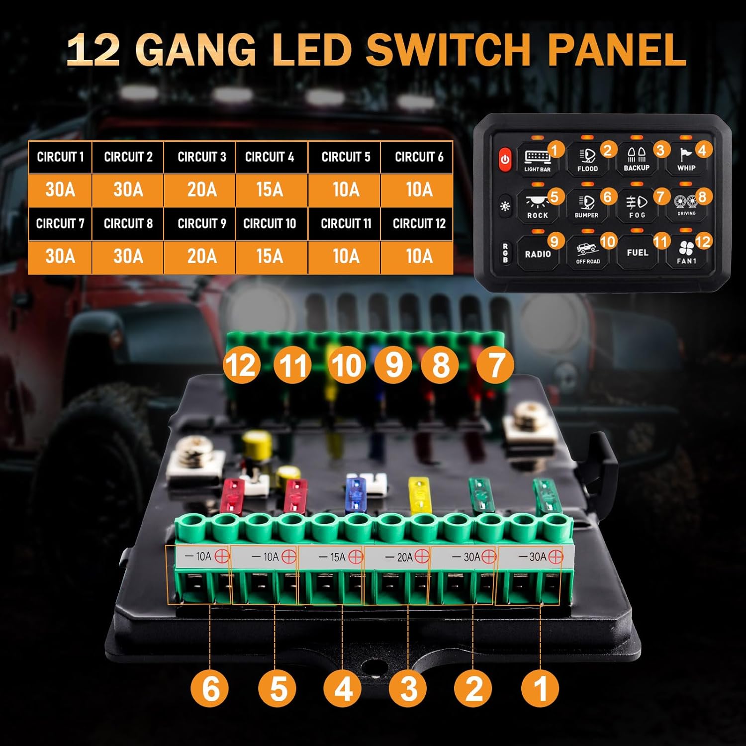 Kit panou comutator auto cu 12 butoane, 12-24 V, comutare prin releu, LED RGB, intrerupator On/Off 65A, impermeabil IP65, pentru masina, camion, rulota, barca, SUV, off-road