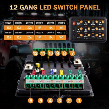 Kit panou comutator auto cu 12 butoane, 12-24 V, comutare prin releu, LED RGB, intrerupator On/Off 65A, impermeabil IP65, pentru masina, camion, rulota, barca, SUV, off-road