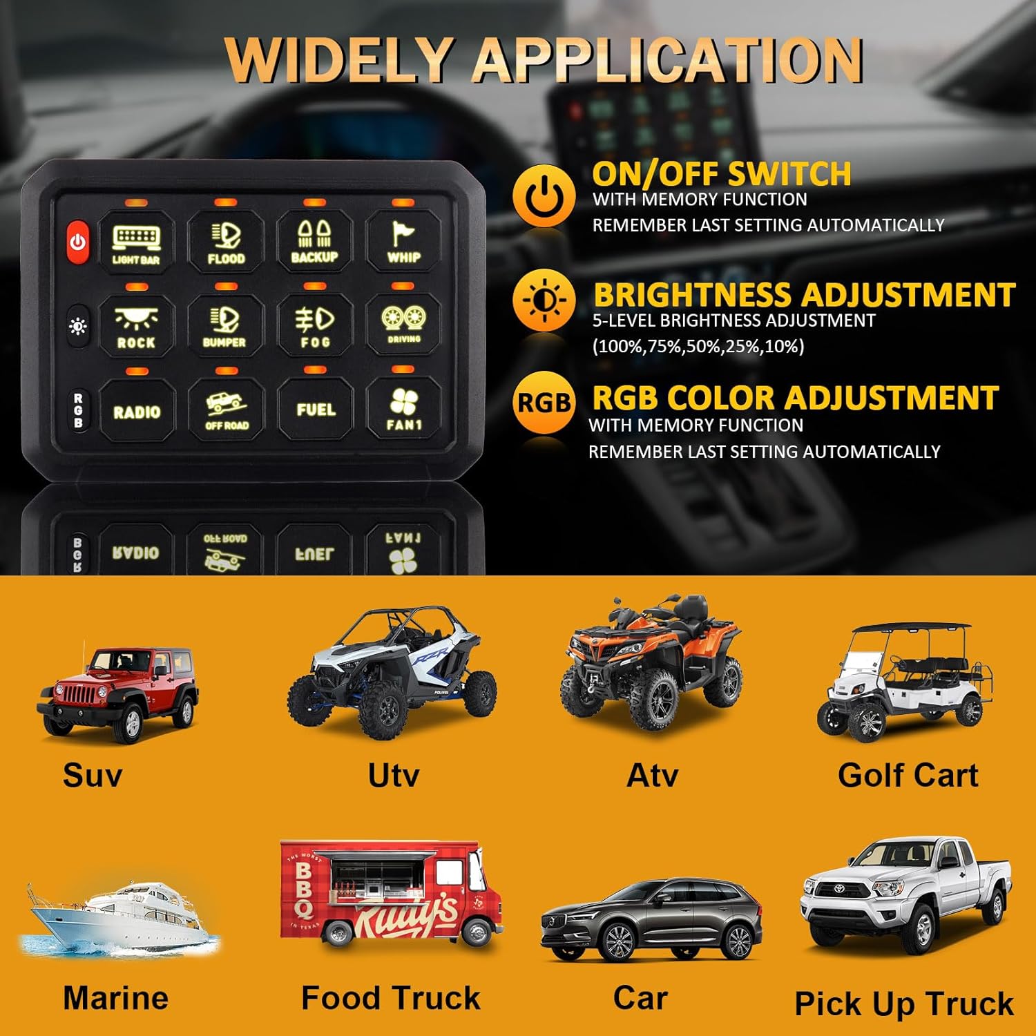 Kit panou comutator auto cu 12 butoane, 12-24 V, comutare prin releu, LED RGB, intrerupator On/Off 65A, impermeabil IP65, pentru masina, camion, rulota, barca, SUV, off-road
