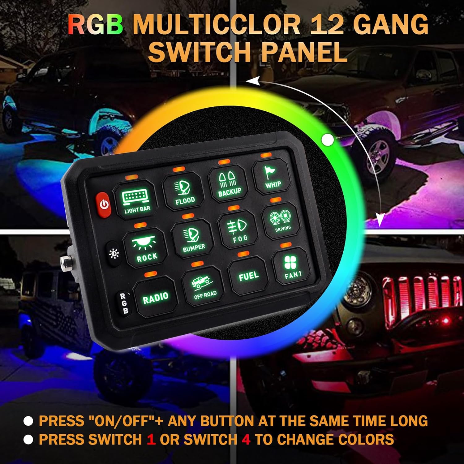 Kit panou comutator auto cu 12 butoane, 12-24 V, comutare prin releu, LED RGB, intrerupator On/Off 65A, impermeabil IP65, pentru masina, camion, rulota, barca, SUV, off-road
