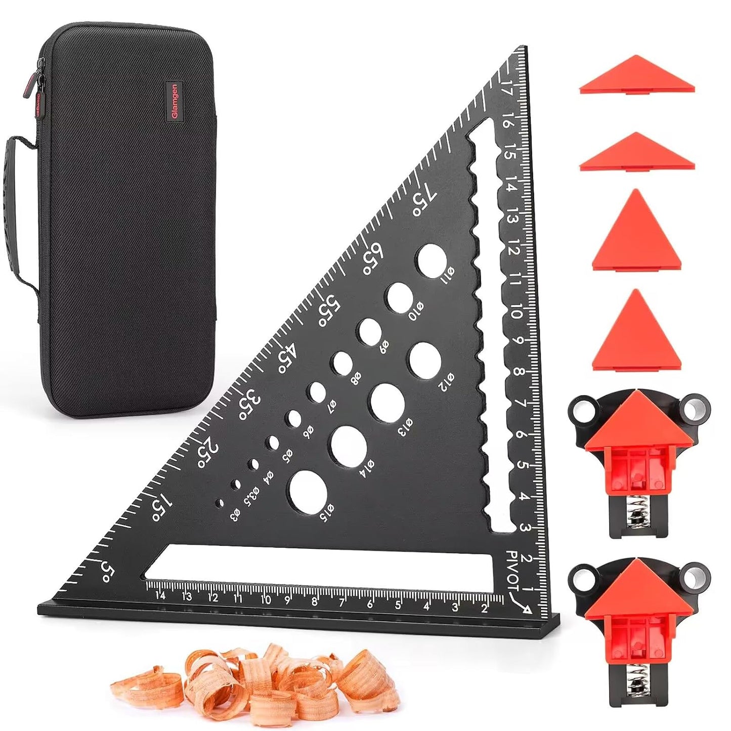 Set echer de tamplarie 5 in 1, vinclu din aluminiu de 180 mm si 2 cleme de colt cu strangere rapida in unghi de 90°, 60° si 120°, cu husa de depozitare si transport