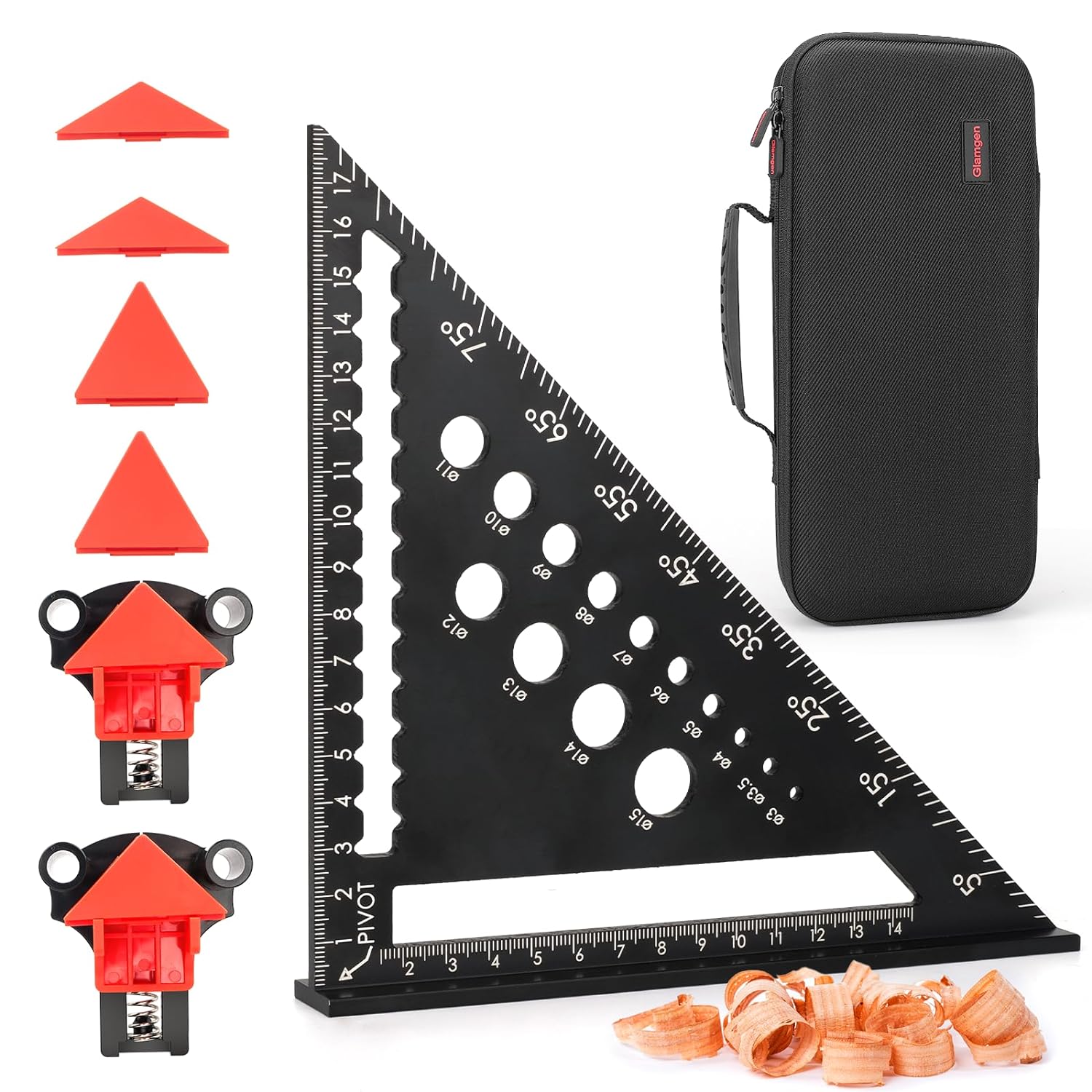 Set echer de tamplarie 5 in 1, vinclu din aluminiu de 180 mm si 2 cleme de colt cu strangere rapida in unghi de 90°, 60° si 120°, cu husa de depozitare si transport