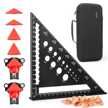 Set echer de tamplarie 5 in 1, vinclu din aluminiu de 180 mm si 2 cleme de colt cu strangere rapida in unghi de 90°, 60° si 120°, cu husa de depozitare si transport