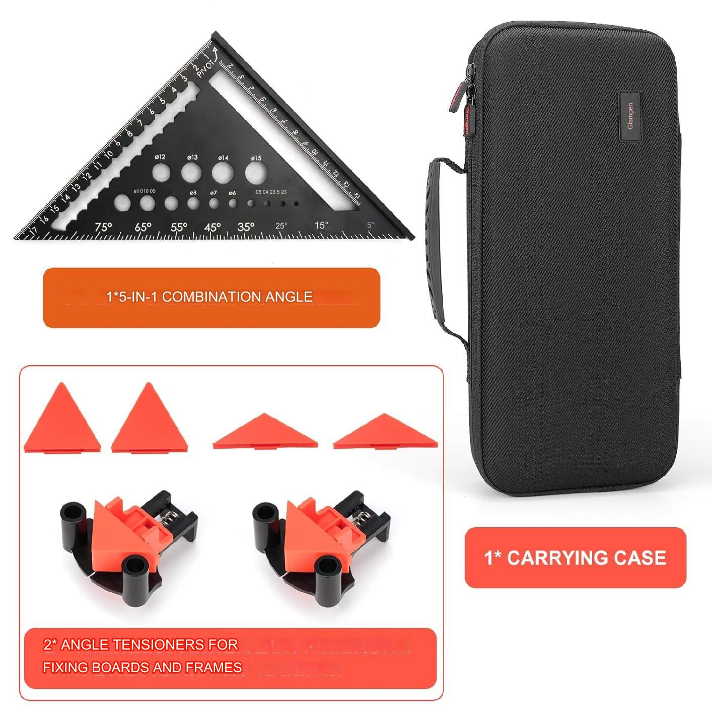 Set echer de tamplarie 5 in 1, vinclu din aluminiu de 180 mm si 2 cleme de colt cu strangere rapida in unghi de 90°, 60° si 120°, cu husa de depozitare si transport