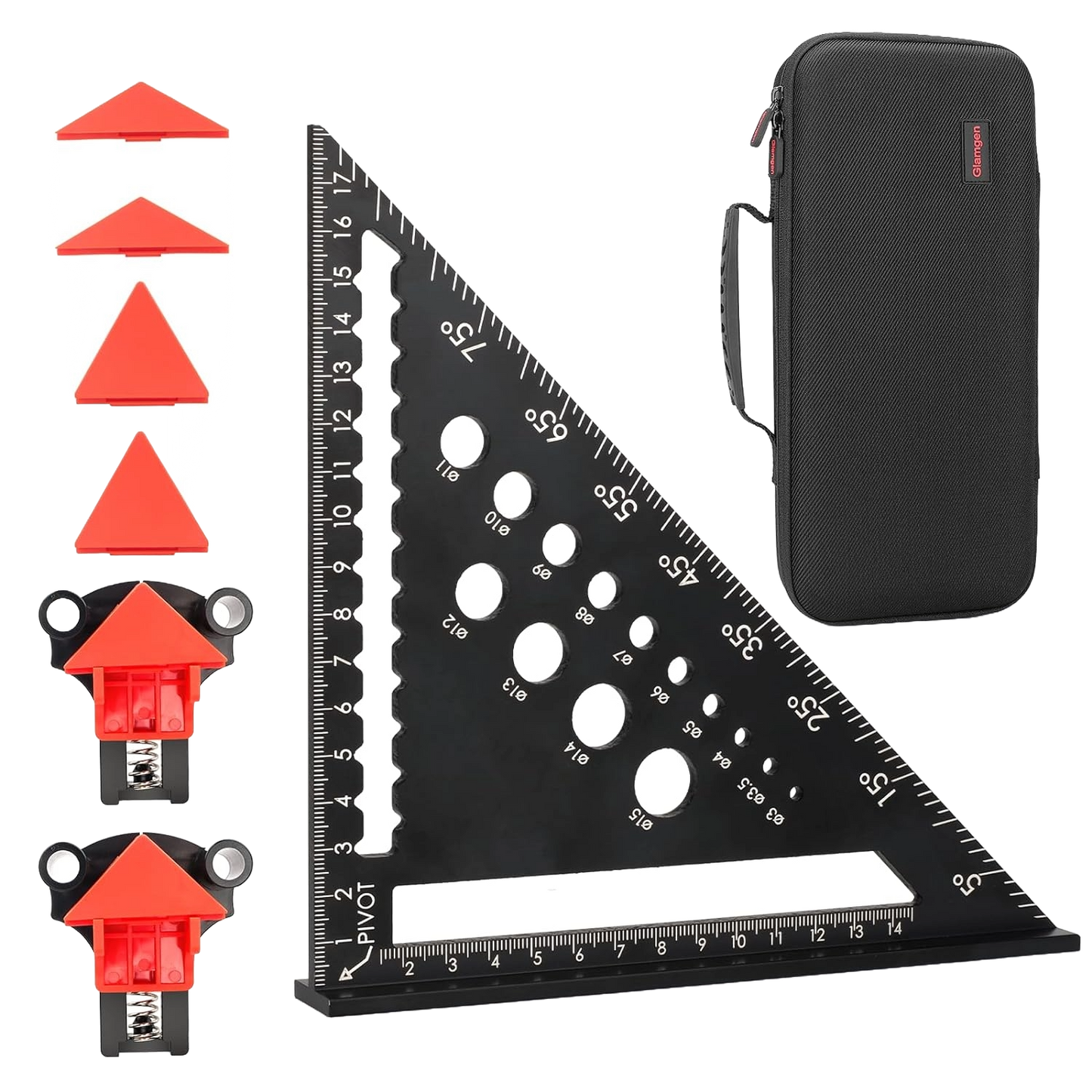 Set echer de tamplarie 5 in 1, vinclu din aluminiu de 180 mm si 2 cleme de colt cu strangere rapida in unghi de 90°, 60° si 120°, cu husa de depozitare si transport
