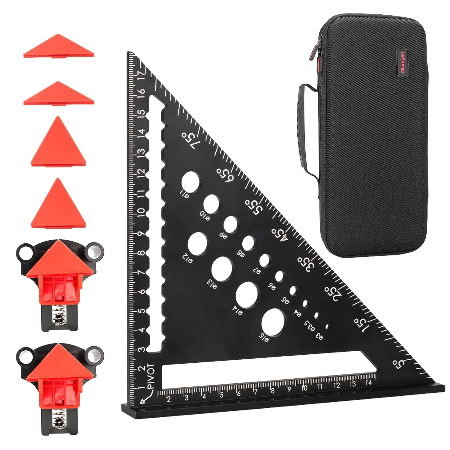 Set echer de tamplarie 5 in 1, vinclu din aluminiu de 180 mm si 2 cleme de colt cu strangere rapida in unghi de 90°, 60° si 120°, cu husa de depozitare si transport