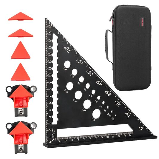 Set echer de tamplarie 5 in 1, vinclu din aluminiu de 180 mm si 2 cleme de colt cu strangere rapida in unghi de 90°, 60° si 120°, cu husa de depozitare si transport