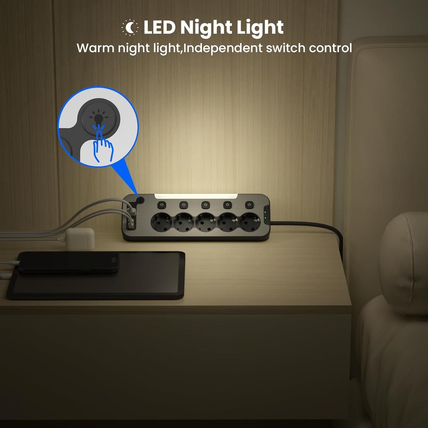 Prelungitor pentru perete/colt, 5 prize cu intrerupator individual, lumina de noapte LED, 4000 W, 2 porturi USB-A 12 W si 2 USB-C 15.5 W, cablu de 2 m, cu fata din metal