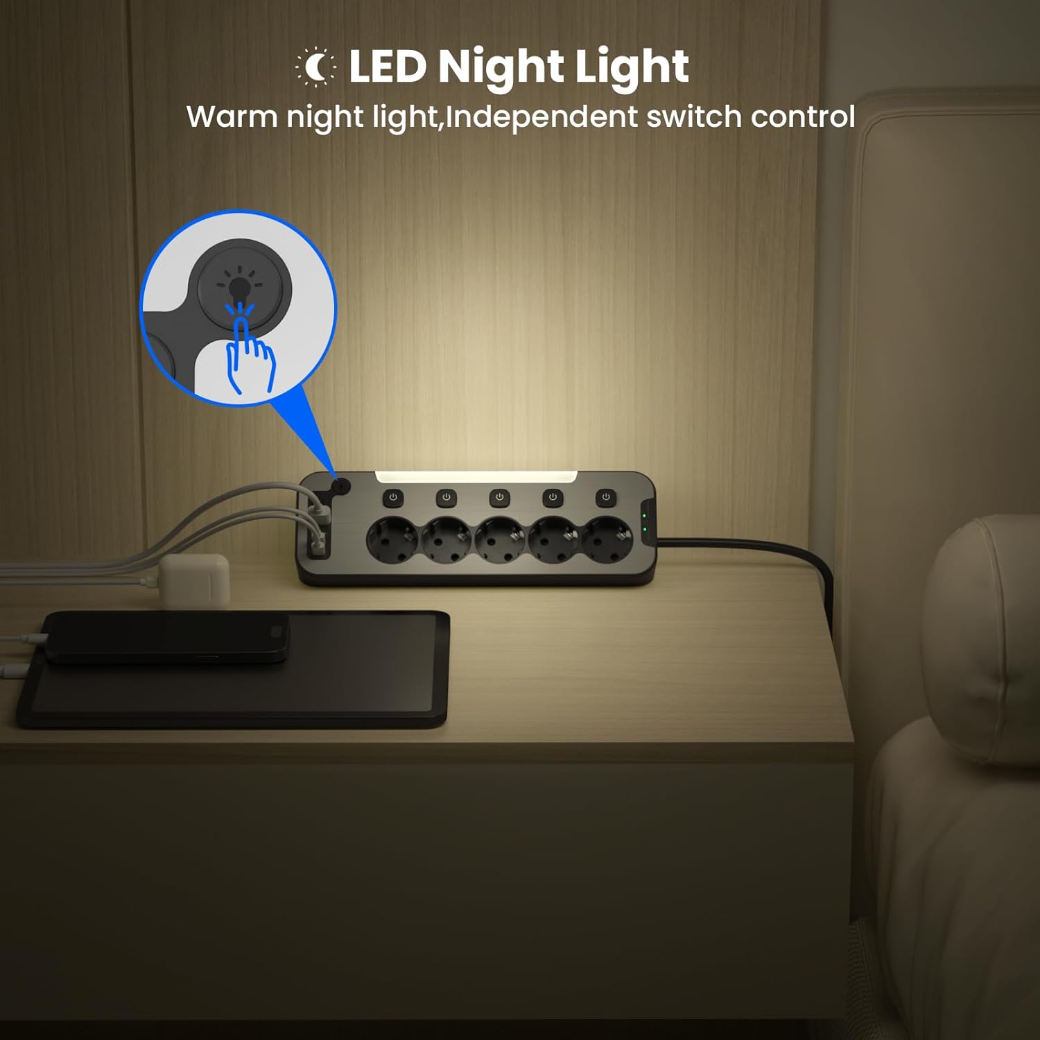 Prelungitor pentru perete/colt, 5 prize cu intrerupator individual, lumina de noapte LED, 4000 W, 2 porturi USB-A 12 W si 2 USB-C 15.5 W, cablu de 2 m, cu fata din metal