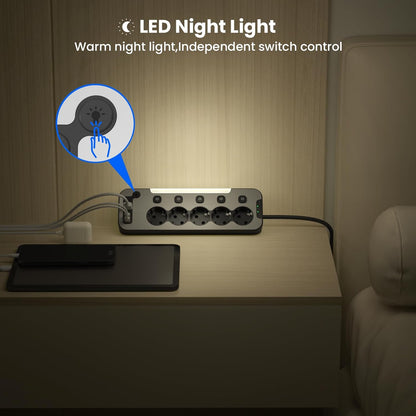 Prelungitor pentru perete/colt, 5 prize cu intrerupator individual, lumina de noapte LED, 4000 W, 2 porturi USB-A 12 W si 2 USB-C 15.5 W, cablu de 2 m, cu fata din metal