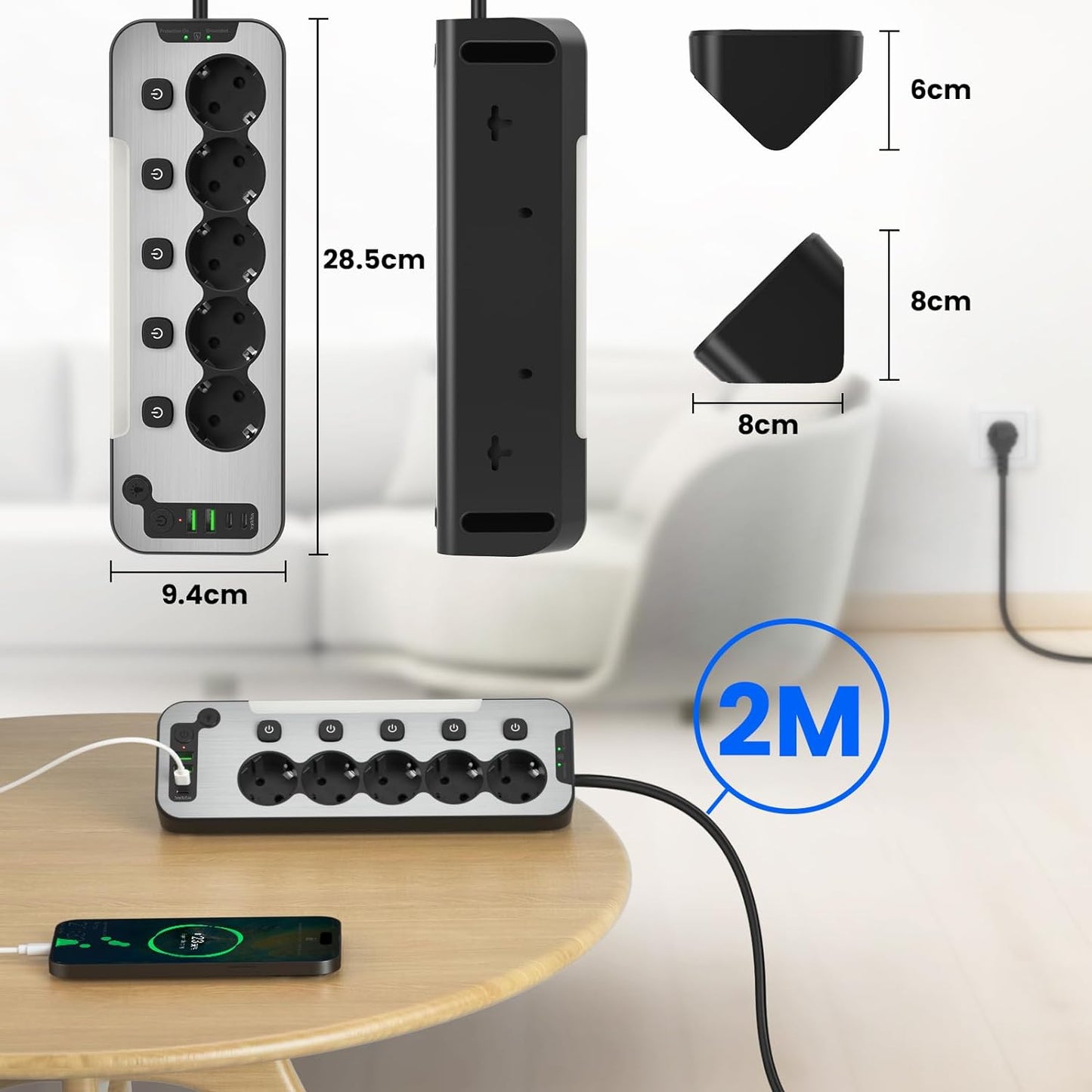 Prelungitor pentru perete/colt, 5 prize cu intrerupator individual, lumina de noapte LED, 4000 W, 2 porturi USB-A 12 W si 2 USB-C 15.5 W, cablu de 2 m, cu fata din metal